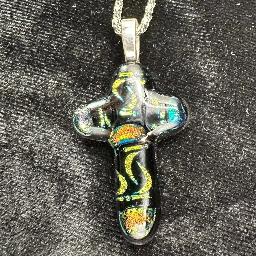 Dichroic Art Glass Cross Pendant‎ Necklace Iridescent Black Gold Teal Christian